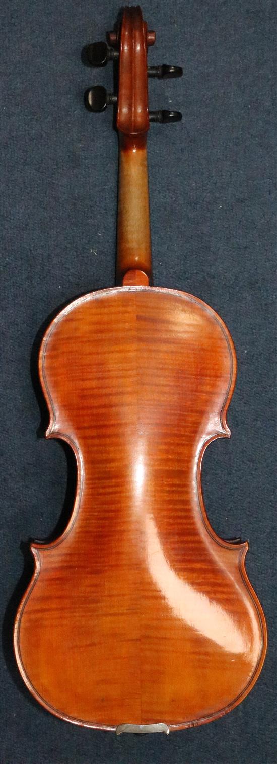 An early 20th century violin, with handwritten label stating made by J.K. Monk, Lewisham,